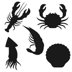Seafood Silhouettes or Lobster, crab, shrimp, octopus, clam in a seafood display