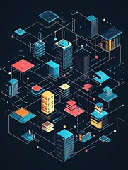 Fototapeta premium Isometric City Network Data Center Infrastructure