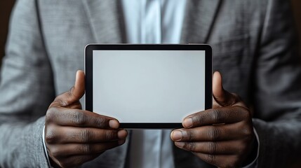 Isolated a white background A teacher wearing a formal suit holding a tablet with a white screen looking professional