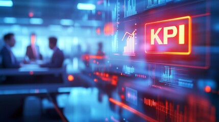 The image shows a digital interface displaying the term "KPI," with graphs and business figures, while people are engaged in discussion in the background.