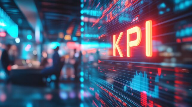 A vibrant display showcasing "KPI" metrics in a modern office environment, highlighting data analysis and performance tracking.