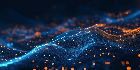 Obraz premium Abstract Digital Wave: Blue and Orange Glowing Particles