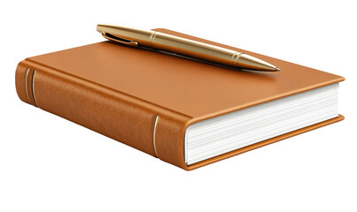 Leather journal, gold pen, desk, writing, planning, office, background, stock photo