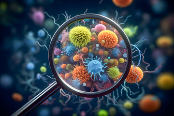 Magnifying glass showing microorganisms