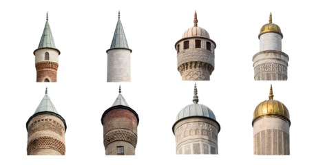 Architectural Details of Islamic Domes and Minarets in Turkey, isolated on transparent background