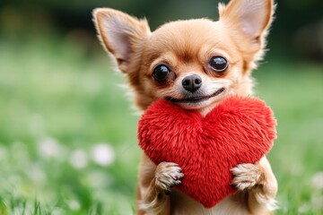 Obraz premium Chihuahua - my preferred dog, symbol of friendship. Marketing animal artwork. Cute chihuahua dog with fluffy red heart on a walk in a spring garden. Valentine's day puppy inspiration.
