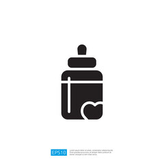 Silhouette Of A Baby Bottle With Heart Icon On White Background.  Product Details For Infant Care.   Illustration Of A Feeding Bottle.   Graphic Symbol. Modern Design. Art. Visual