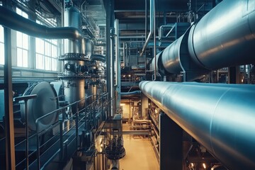 Industrial Plant Interior Showing Large Pipes and Machinery