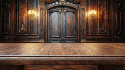 Old wooden vintage door with parquet floor in luxury interior elegant decor wall molding chandelier wood panel