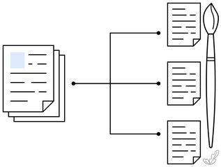 Multiple stacked papers connected to individual documents and a paintbrush. Visualizes creative process, content creation, idea generation, organization, productivity, project planning. Ideal