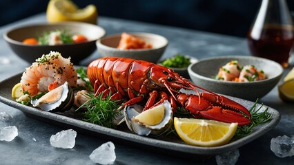 Fresh Lobster and Oysters on Ice with Lemon Garnish, Perfect for Seafood Lovers