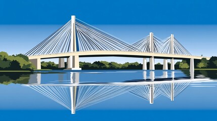 Fototapeta premium Cable-stayed bridge spans river, serene landscape