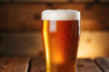 Cold Amber Beer in Elegant Glass with Frothy Head on Wooden Surface