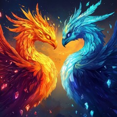 Obraz premium Fiery and Icy Phoenixes: A Majestic Digital Painting