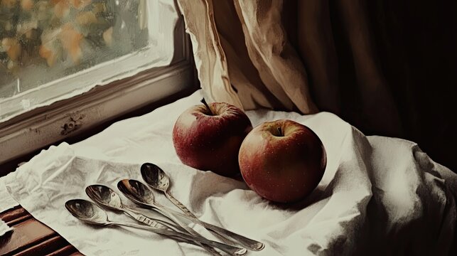 Two Red Apples On Vintage Spoons On A White Cloth Beside Window