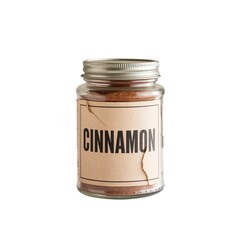 Glass jar of ground cinnamon with a rustic label on a white background