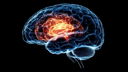 Digital illustration of stroke impact on cognitive functions, brain with disrupted neural pathways, cerebrovascular, neurology.