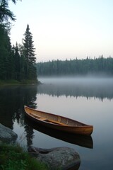 Obraz premium Wooden Canoe Moored on Serene Misty Lake