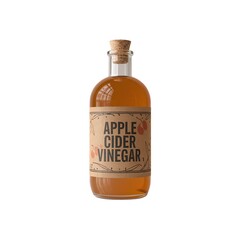 Clear glass bottle of apple cider vinegar with cork top and decorative label
