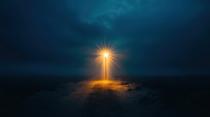 Solitary Light Illuminating a Foggy Night Landscape A Captivating Night Scene