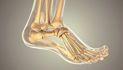 Foot skeletal anatomy displayed with precision, showcasing the bone network, ligaments, and joints crucial for mobility.