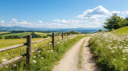 A scenic country path lined with wildflowers, leading through lush greenery under a bright blue sky with fluffy clouds.