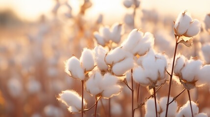 Cotton Buds in the Field a?" A close-up view of cotton buds on plants, with delicate fibers illuminated by soft morning sunlight against a blurred rural background.