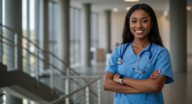 Close-up photo of an African-American female nurse posing against the backdrop of a health clinic room
