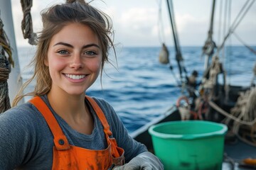 Fototapeta premium Portrait of a smiling female marine, working on the deck, wearing orange overalls and a gray vest with gray gloves, with big eyes and medium-length hair, in front of an oceanic landscape with a calm s