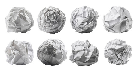 Crumpled White Paper Balls on White Background for Creative Use, isolated on transparent background