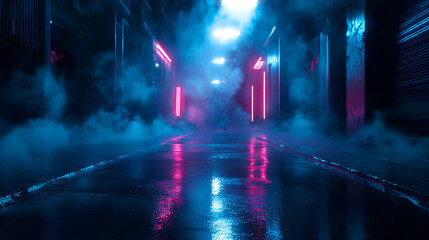 Dark street, wet asphalt, reflections of rays in the water. Abstract dark blue background, smoke, smog. Empty dark scene, neon light, spotlights. Concrete floor 