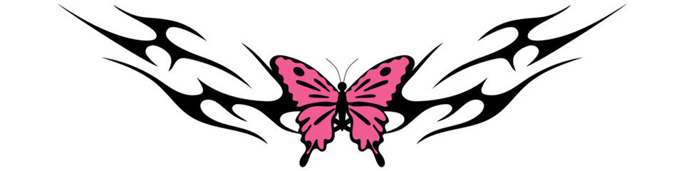 butterfly with Neo tribal y2k gothic style tattoo Cyber sigilism spikes and sparks for streetwear print designs, spiky y2k aesthetic vector set