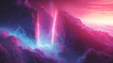 Pink & blue cosmic rift between mountains, vibrant cloudscape, fantasy artwork, ideal for sci-fi backgrounds