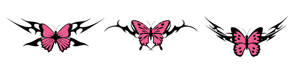 butterfly with Neo tribal y2k gothic style tattoo Cyber sigilism spikes and sparks for streetwear print designs, spiky y2k aesthetic vector set