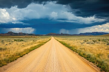 Dusty Road Leading Through Scenic Western Landscape Under Dramatic Clouds