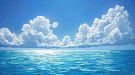 Obraz premium Serene Ocean Scene Under a Bright Blue Sky With Fluffy Clouds