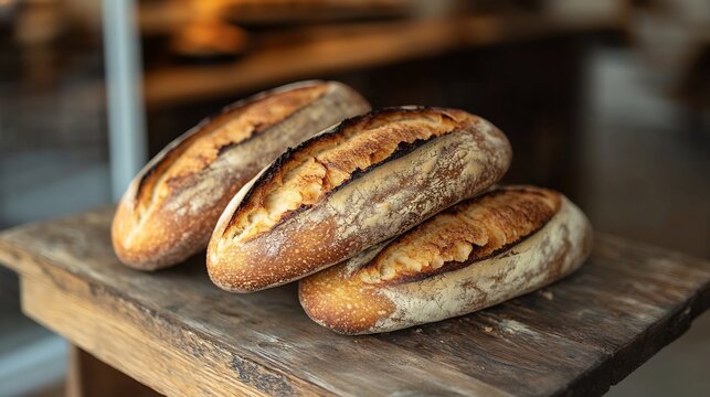 Rustic wooden table with freshly baked sourdough bread 