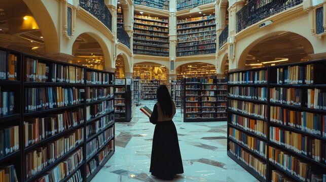 A young female student browses books in a vast library in Dubai.