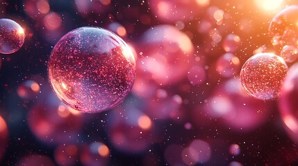 Pink glittering bubbles floating, sunlit background, festive backdrop