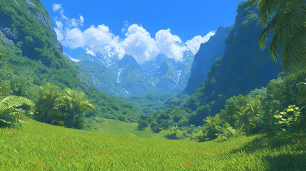 Obraz premium Tropical valley landscape, mountains, meadow, sunny day, travel poster