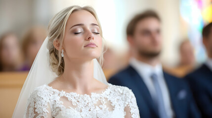 Naklejka premium Bride prays at church wedding ceremony