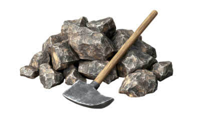 Stone pile with axe; mining, quarry, rocks, construction background; industrial use