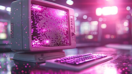 Retro computer glitch screen, arcade background, data processing