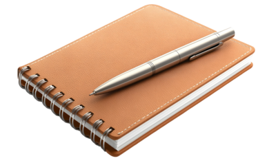 Tan notebook and pen; planning, writing, ideas; isolated background; office supplies