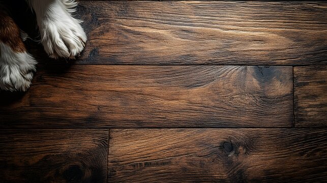 Dog's paws on rustic wooden background, showcasing companionship and warmth