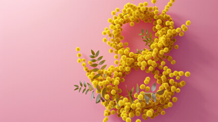 Obraz premium number 8 created with yellow mimosa flowers on pink background with copy space