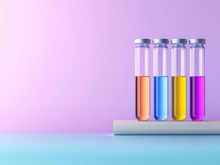 A vibrant arrangement of colorful test tubes filled with liquids on a minimalistic background, showcasing chemistry.