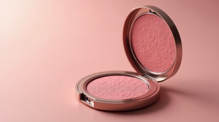 close-up of a blush compact featuring a soft pink shade and a mirror, showcasing its elegant design and texture