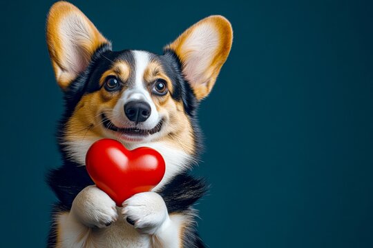 Pembroke welsh corgi - my treasured dog. Ad campaign concept art artwork. Cute pembroke welsh corgi doggy with domestic animal toy red heart - emblem of love, funny greeting card.