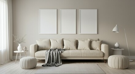 Minimalist living room, neutral color palette, beige sofa, white walls, three blank canvas frames, round ottoman, textured throw blanket, ceramic vase with branches, table lamp, muted tones, contempor